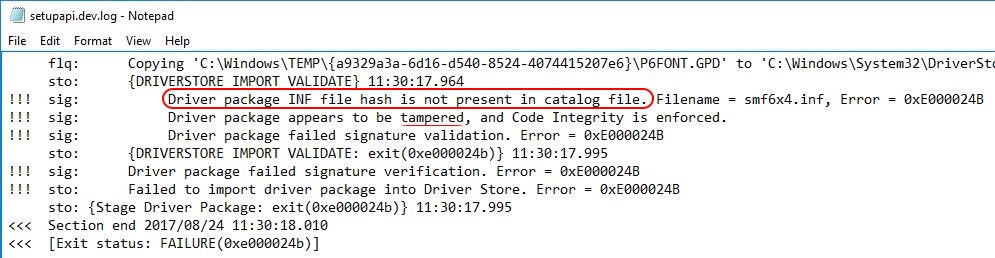 Printer Drivers Installation and Troubleshooting Guide - Setupapi.dev.log hash not present in catalog file