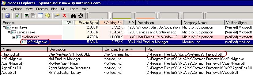 McAfee MFEHIDK warning in event viewer explained - Process Explorer overview loaded Citrix master DLL