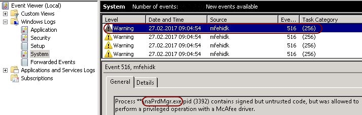 Analyzing the McAfee MFEHIDK event log warning with Process Explorer - Event viewer McAfee mfehidk warnings