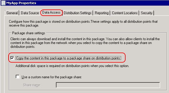SCCM package properties Data Access