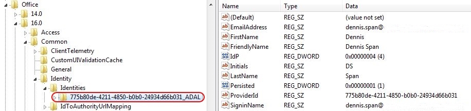 Solving Office 365 activation issues - Office 365 registry HKCU identity identities