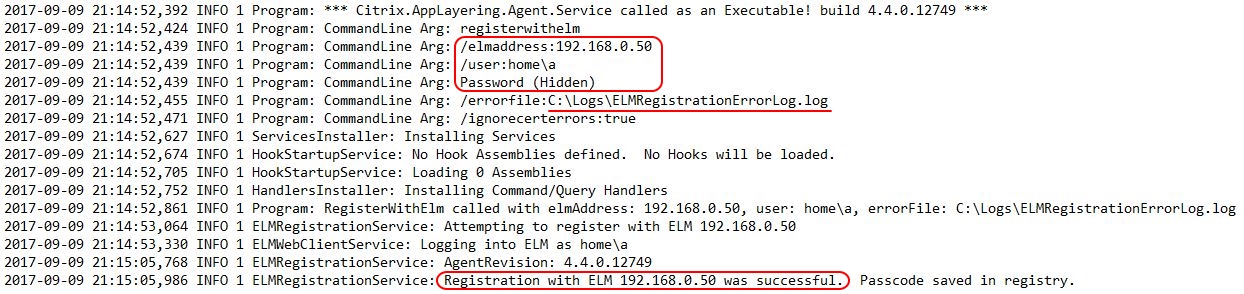 Citrix App Layering Agent unattended installation - applayering.agent log file successful ELM registration