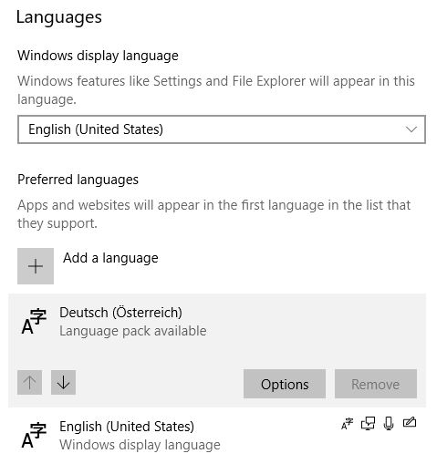 Managing Windows Languages and Language Packs - Language pack available + options