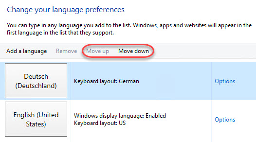 Managing Windows Languages and Language Packs - Windows Server 2016 Language Preference Apps move up and down