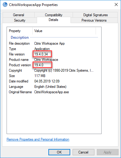 Citrix Workspace App unattended installation with PowerShell - File properties file version