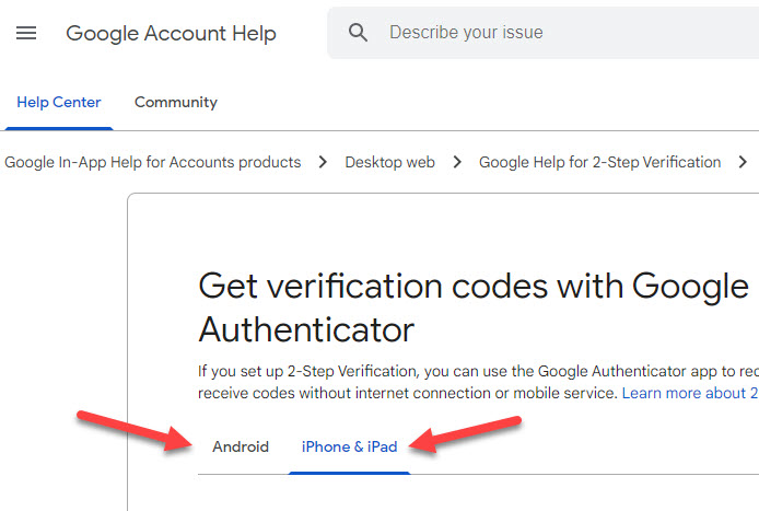 Google Authenticator support article choose OS
